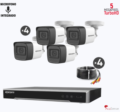 Kit TURBOHD 5 Megapixel / DVR 4 Canales / 4 Cámaras de 5 Megapixel con Micrófono Integrado / 4 Cables 18 Metros / Fuente de Poder Profesional