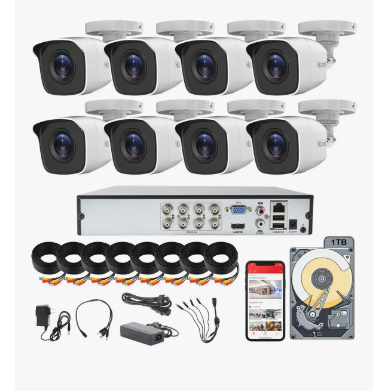 Kit de Circuito Cerrado todo incluido, HiLook Dvr 16 Canales, 8 / 10 Cámaras 1080p 2mp Audio integrado Thc-b120-ps 160 mts Cable Utp + HDD 2tb - 8 CAM
